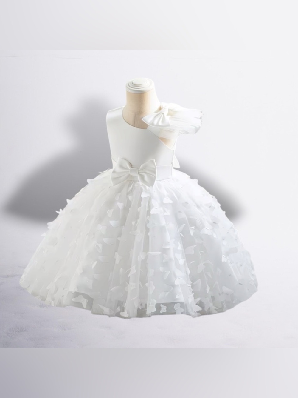 White Butterfly Appliqué Layered Tulle Flower Girl Dress with Bow